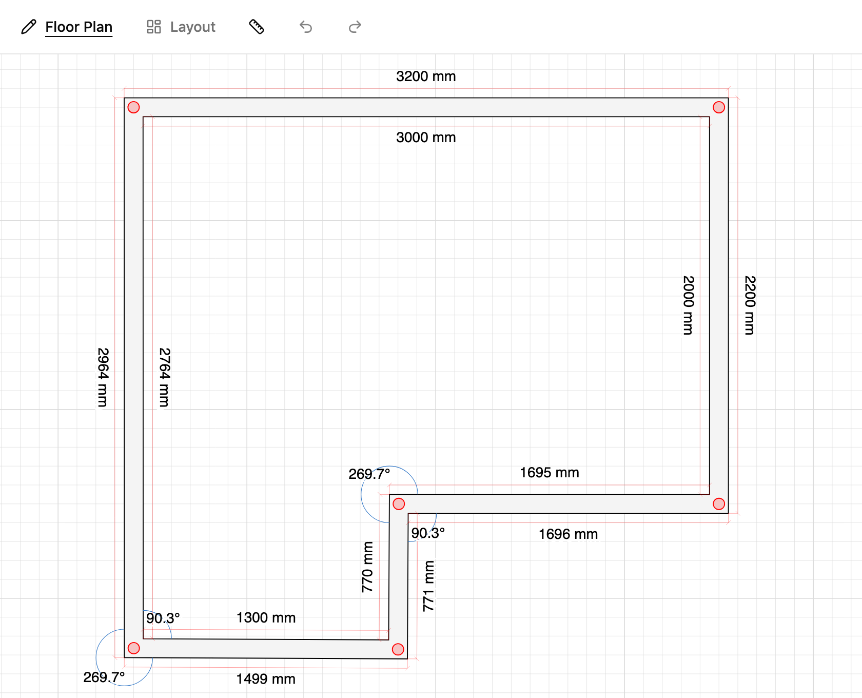 L-shaped room with an alcove on a floor plan in TilingPlan