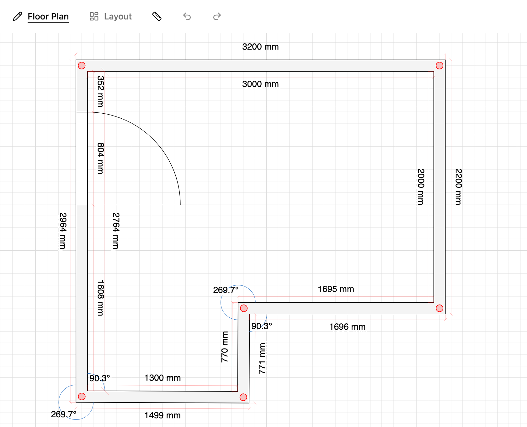 Door opening with dimension labels on a floor plan in TilingPlan