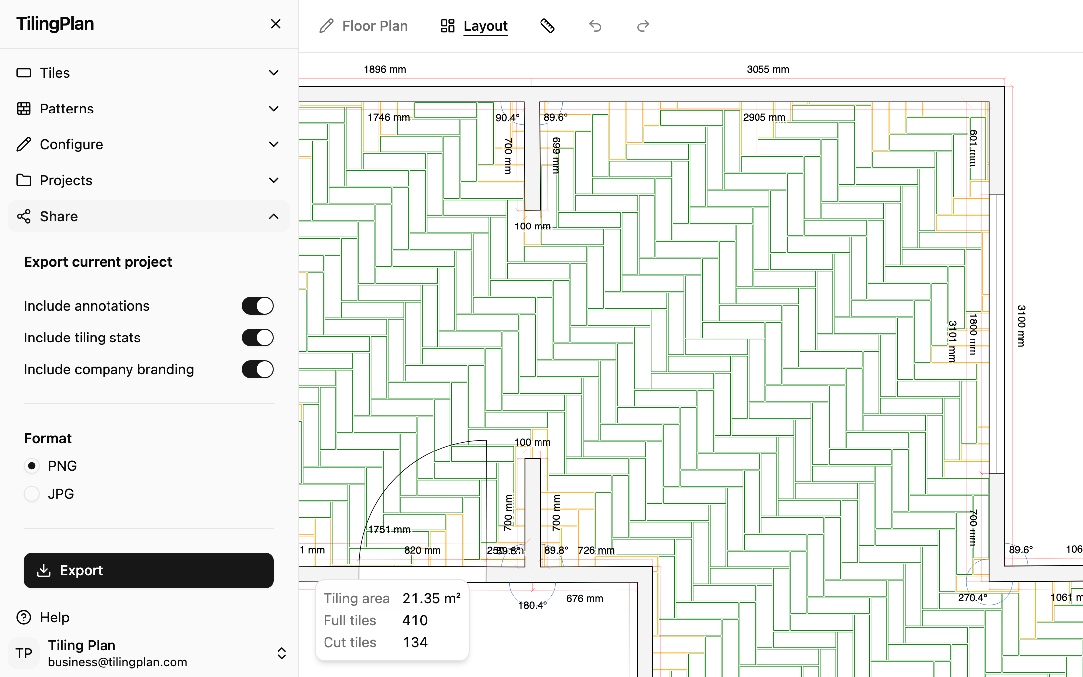 Share panel for exporting a tile layout from TilingPlan