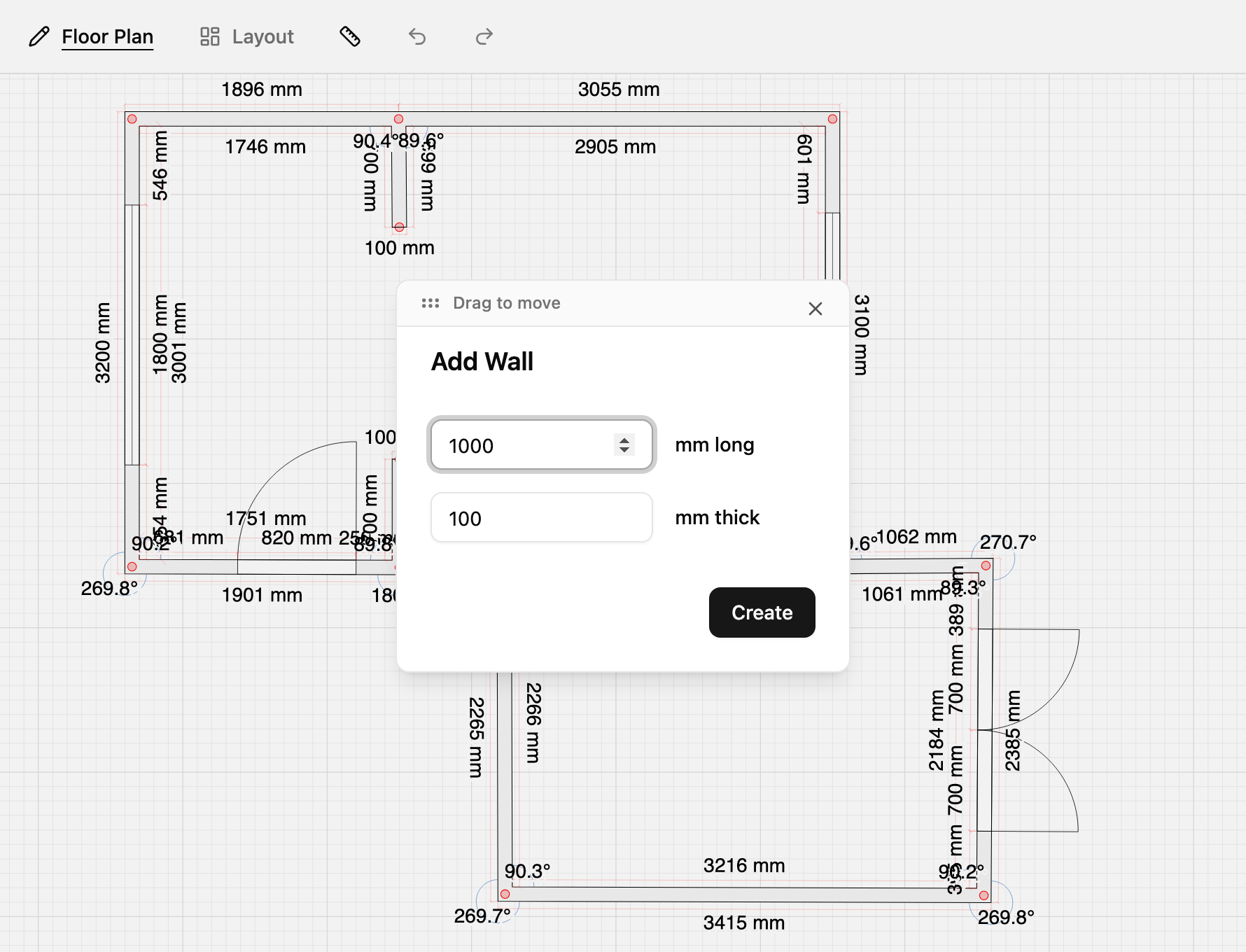 Drawing and adjusting walls on a floor plan in TilingPlan