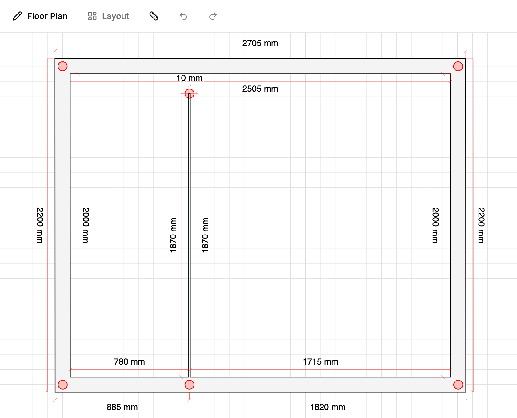 Thin wall offshoot marking a shower corner join in TilingPlan